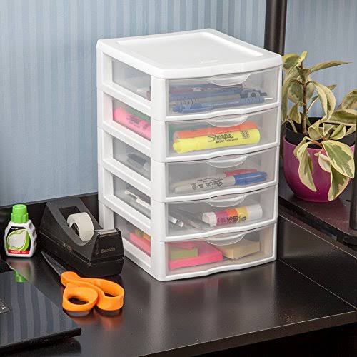 Sterilite 20758004 Small 5 Drawer Unit White Frame with Clear Drawers 4-Pack