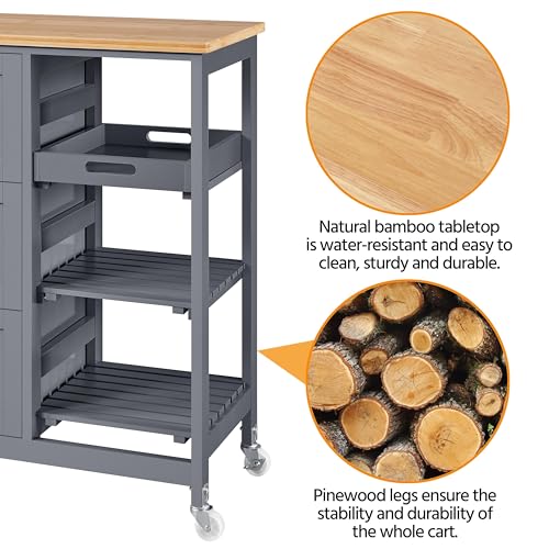 Yaheetech Kitchen Island Cart on Wheels with Bamboo Countertop, Rolling Serving Utility Trolley Cart with 3 Drawers, 3 Removable Shelves & Lockable Casters, Storage Cabinet for Dining Room, Bar, White