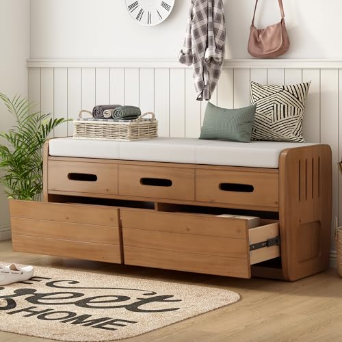 Rustic Storage Bench with 2 Drawers and Hidden Storage Space, Wooden Shoe Bench with Cushion and Striped Door Design for Living Room, Entryway, Hallway (White)