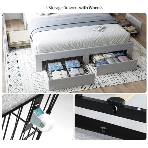 VOWNER Queen Bed Frame with Storage Headboard & 4 Drawers, LED Upholstered Bed Frame with Charging Station, Wood Slats Support No Box Spring Needed, Light Grey