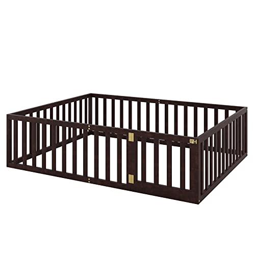 Twin Size Floor Bed Frame with Safety Fence and Door, Solid Wood Toddler Floor Bed with Fence, Twin Montessori Floor Bed Frame for Kids Girls Boys, Natural
