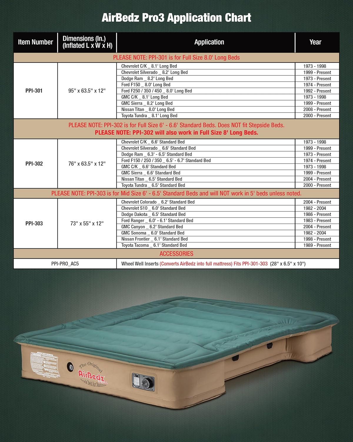 Pittman - Truck Bed Mattress 6.5 Foot Bed > 6ft - Pro3 Series - The Original Airbedz Truck Bed Air Mattress 6.5 Bed - Full Size Truck Mattress with 25% More Bed Coverage for Pickup Truck Bed Camping