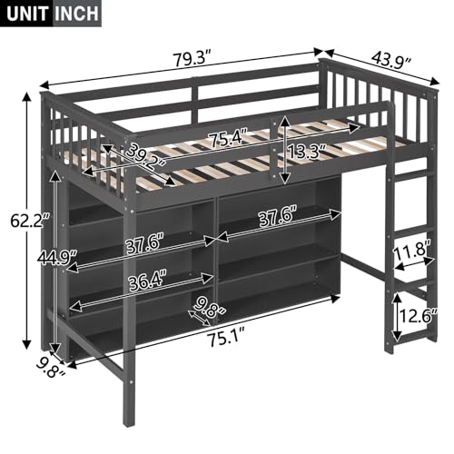 Modern Full Size Loft Bed with Cabinet and Bookshelf, Wood Loft Bed Frame with Built-in Desk and Wardrobe for Kids Teens Adults, Maximize Space (White-7.22)