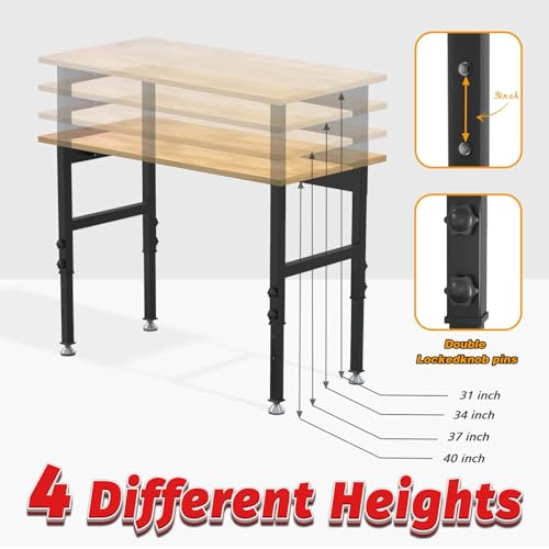 60" Adjustable Workbench, 2000 LBS Load Capacity Heavy Duty Table, Hard Wood Work Bench with Power Outlets, Wheels and Drawer for Garage, Workshop, Home, Office, Easy to Assemble