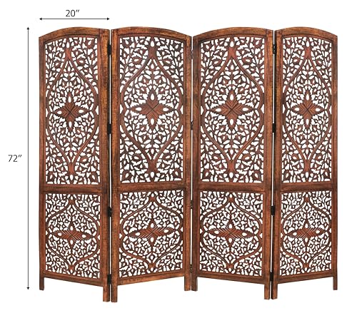 Room Divider Wood Screen - Ghanti Bells Antique Brown - 4 Panel Folding 72 x 80 - Assembled Hand Carved Decorative Functional Versatile Portable Partition Reversible Privacy Boho - COTTON CRAFT