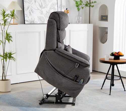 Light Grey Recliner Chair for Elderly | Tall and Big Man 400lbs | Chenille | Power Lift, Lay Flat, Stand Up, Wireless Charging Device, Extended Footrest, Massage Heat, Cup Holder, Lumbar Pillow