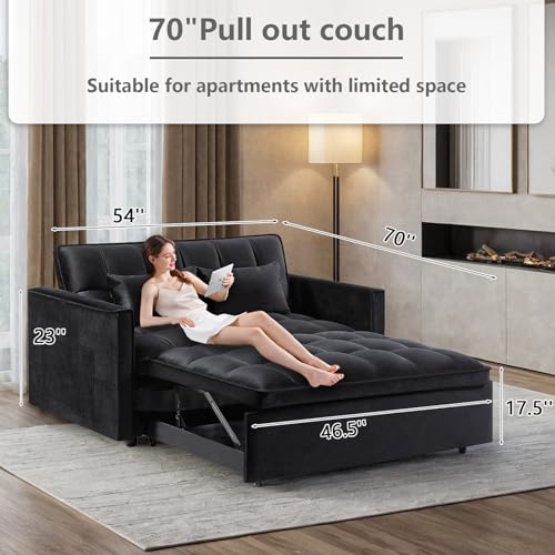 3 in 1 Convertible Sleeper Sofa Bed,Futon Loveseat Couch with Pull-Out Bed & Adjustable Backrest,Velvet Fabric Sofa with Side Pocket for Small Apartment, Living Room, Office (Black)