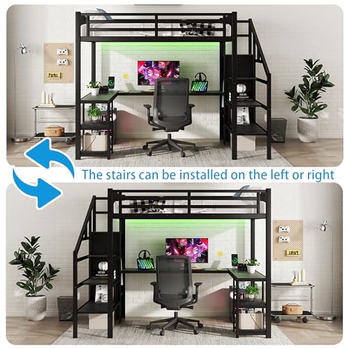 Full Size Loft Bed with Desk and Stairs,Metal Gaming Loft Bed Full with Wardrobe and Shelf, High Loft Bed with LED & USB Charging Station for Teens, Adults, Space Saving Design,Black