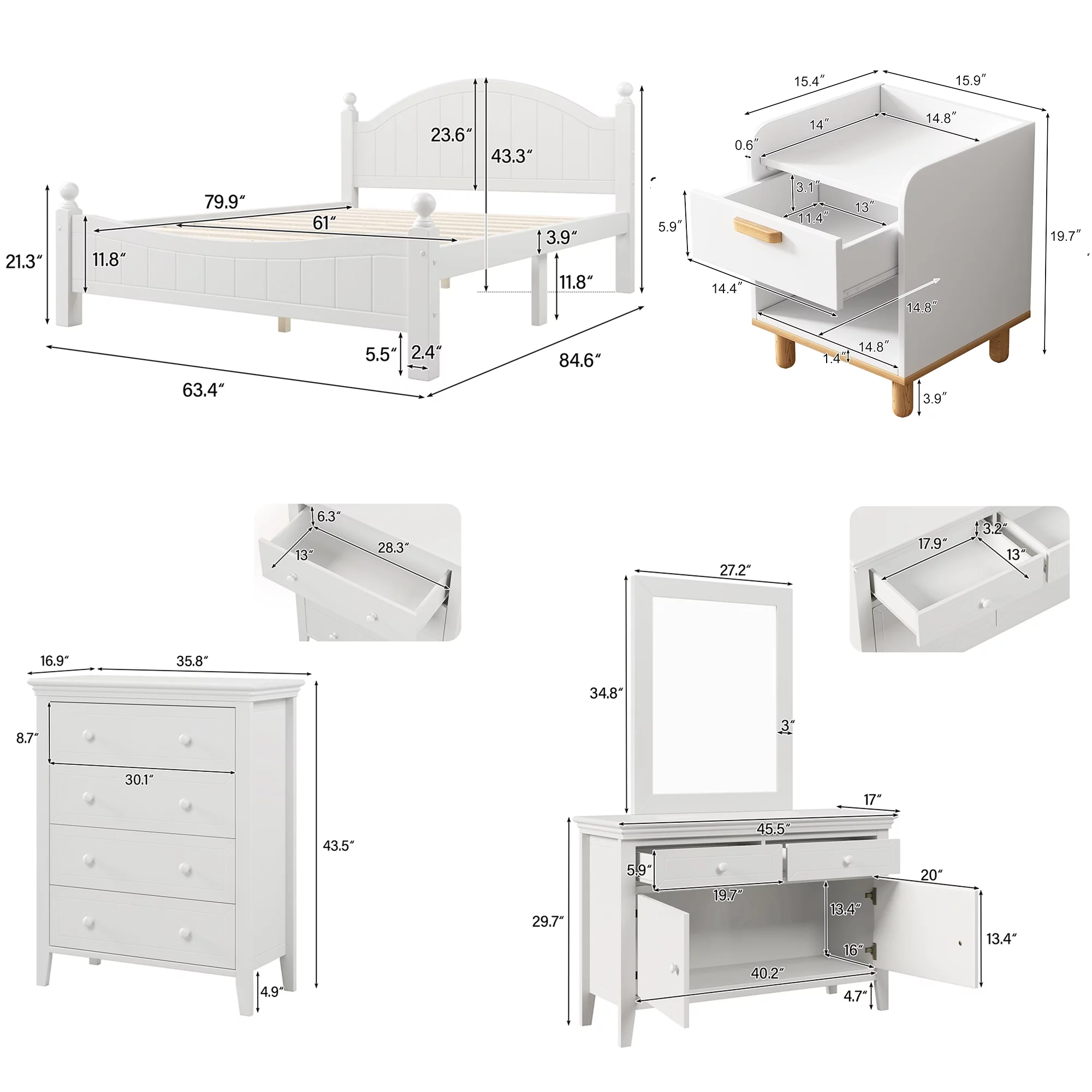 Paproos Queen Size Bed Frame, Solid Wood Platform Bed with Headboard and Footboard, No Box Spring Needed, White