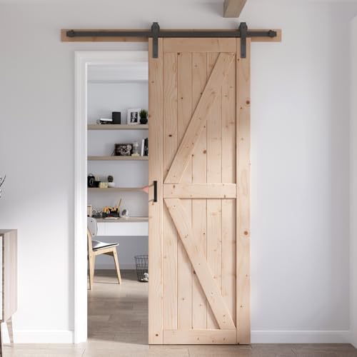 FREDBECK 48in x 80in Sliding Wood Barn Door with 8FT Barn Door Hardware Kit Included K Shape Solid Spruce Panel Sliding Door Double Surfaces Need to Assembly