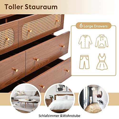 Dresser for Bedroom, Chest of Drawers, 6 Drawer Dresser, Floor Storage Drawer Cabinet for Home Office, Drawer Chest of Drawers Rattan Chest of Drawers Highboard with 6 Drawers (Natural Cherry)