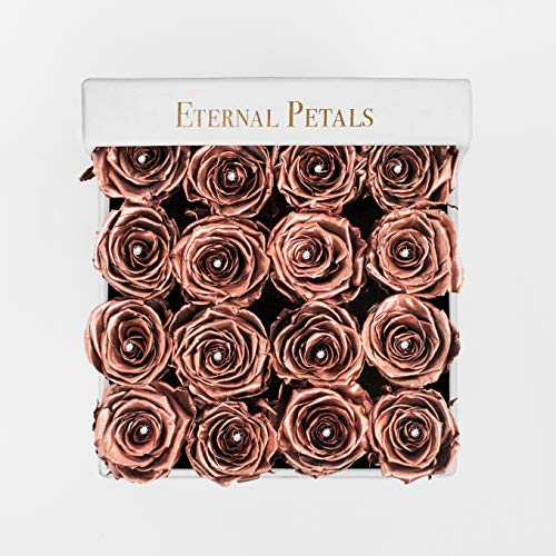 Real Roses That Last A Year - 16 Roses in a White Flower Box with 16 Swarovski Crystals (Deep Red)