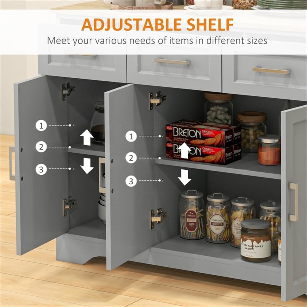Sideboard with Solid Wood Countertop, Modern Kitchen Storage Cabinet, Coffee Bar Cabinet with 3 Drawers, Doors and Adjustable Shelf, Gray