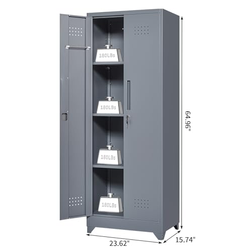 Metal Broom Storage Cabinet with Doors, 65" Steel Tool Storage Cabinet with Hanging Rod, Cleaning Storage Cabinet with Locking Doors, Broom Tool Storage Cabinet for Office, Garage