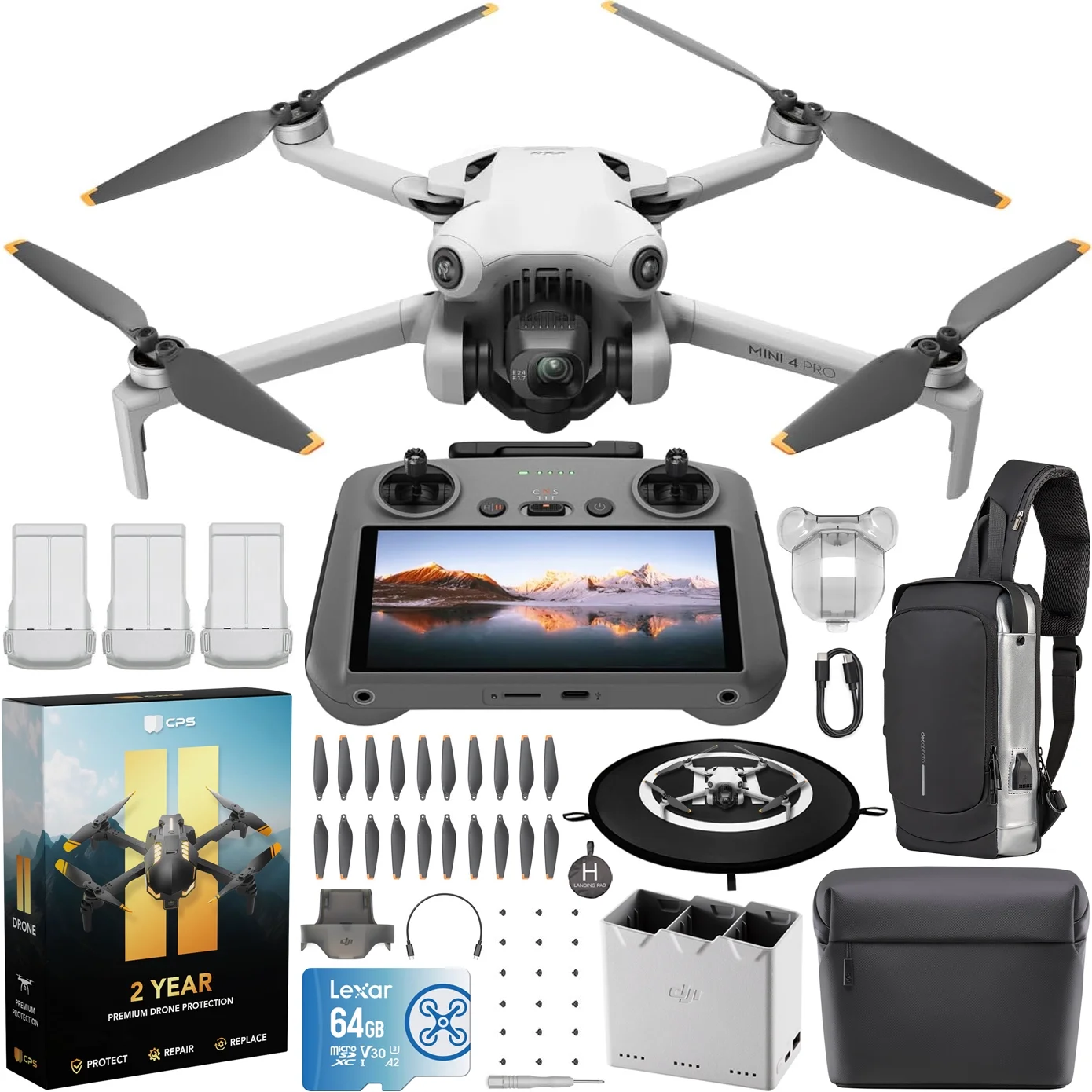 DJI Mini 4 Pro Folding Drone with RC 2 Remote (With Screen) Fly More Combo Plus, 4K, Under 249g, Omnidirectional Sensing, 3 Plus Batteries + 2 Year CPS Extended Warranty & Voyager Accessories Bundle - Curated Treasures Market