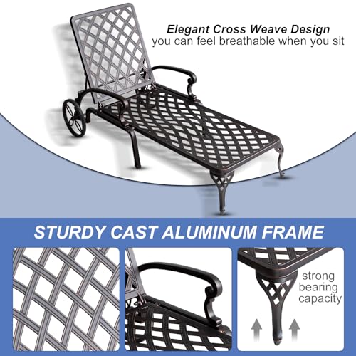 Outdoor Chaise Lounge Chairs, Set of 2 Pool Lounge Chairs Cast Aluminum Tanning Lounges with Cushion Wheels and Adjustable Reclining for Patio Outside(Beige)
