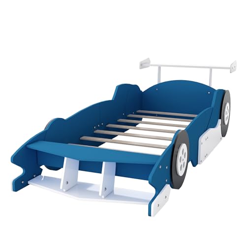 Twin Size Car Bed for Boys,Race Car-Shaped Wooden Platform Bedframe with Wheels & Safety Guardrail,Slats Support,Easy Assembly,Fun Play for Kids Toddlers Child's Bedroom,Yellow PU