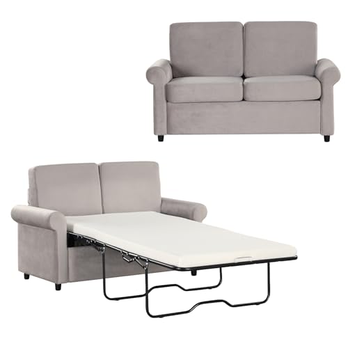 Pull Out Sofa Bed, Velvet Sleeper Sofa Couch with Memory Foam Mattress, Convertible Loveseat Sleeper Sofa for Living Room, Bedroom, RV and Small Space (Grey, 57.4")