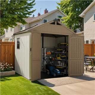 Patiowell 8 x 12 FT Plastic Outdoor Storage Shed with Floor, Resin Shed with Window and Lockable Door for Garden, Backyard, Tool Storage Use, Easy to Install in Beige (Kick-it Shed)