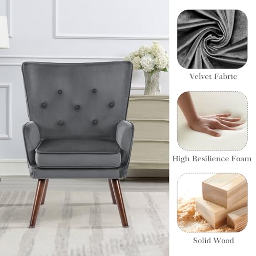 Wingback Velvet Accent Chairs, Mid Century Modern Arm Chair Tufted Button Armchair, Comfy Upholstered Club Lounge Sofa Reading Chair with Solid Wood Legs for Living Room, Bedroom, Blue