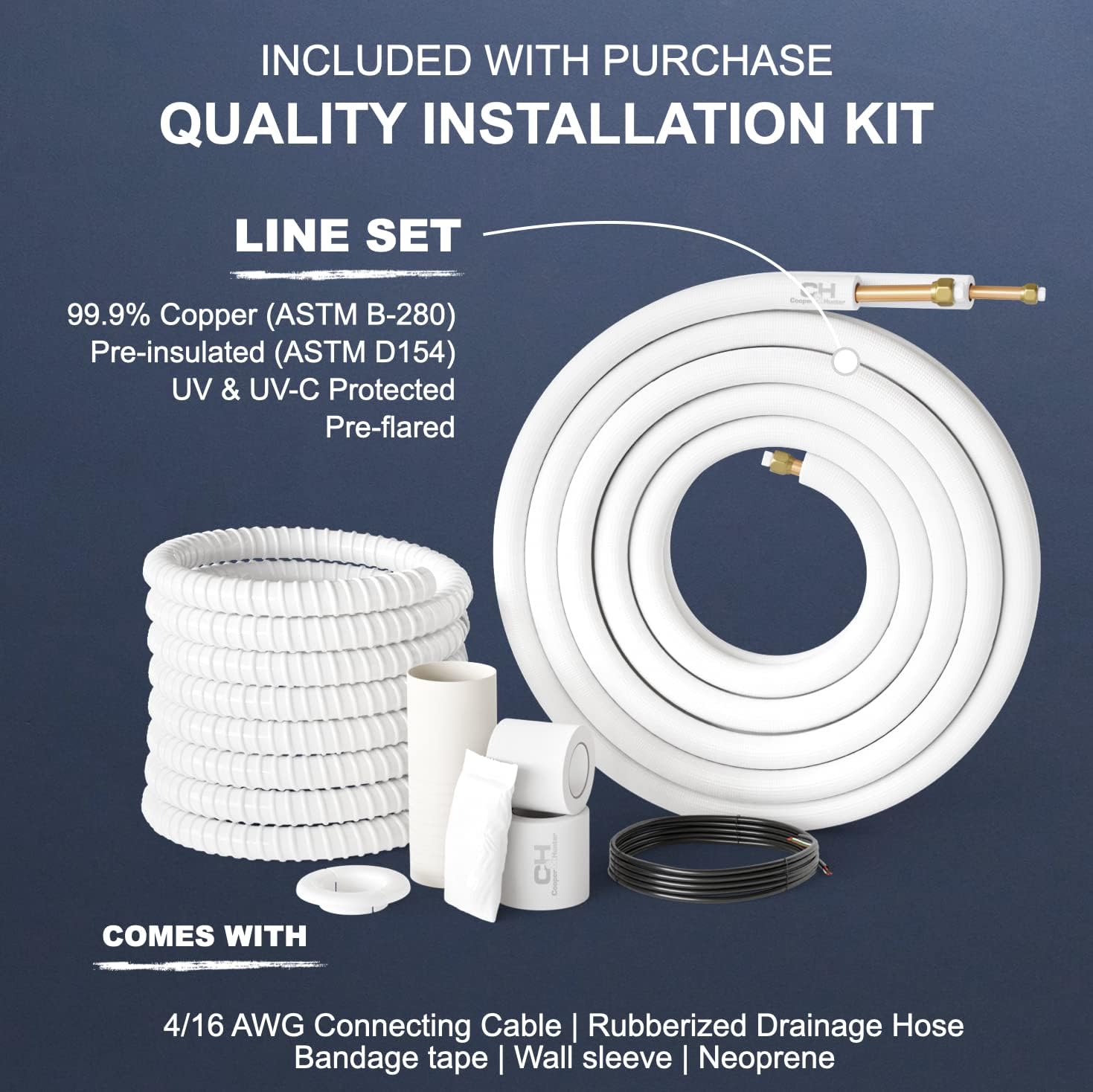 Hyper Heat 9,000 BTU, 25 SEER Ductless Mini-Split Air Conditioners -22F Heat Pump with 16FT Copper Line Set and Communication Wires