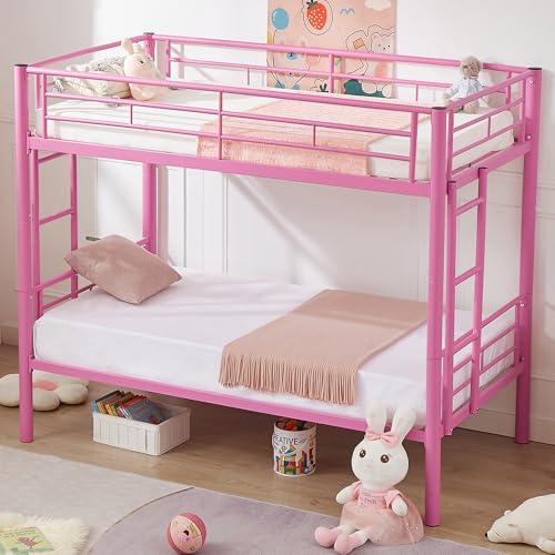 VECELO Metal Loft Bed Twin Size, Heavy Duty Bedframe with Removable Ladder and Safety Guardrail, Space-Saving, Noise Free, No Box Spring Needed, Off White