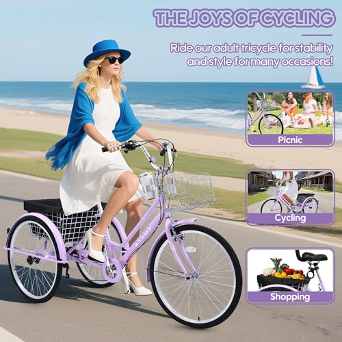 26 Inch Tricycle for Adults, 7 Speed Beach Cruiser Bike Adult Tricycles for Women Men, 3 Wheel Bikes for Adults Large Seat with Backrest, Three Wheel Bikes with Front & Rear Baskets