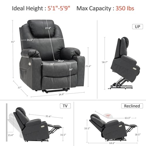 MCombo Power Lift Recliner Chair for Elderly, Lift Chair with Heat and Massage, FSC Certified, USB Ports, Cup Holders, Faux Leather 7040 (Black, Medium)