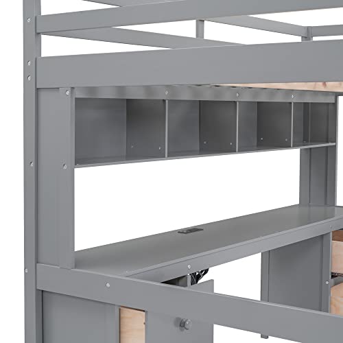 Full Size Loft Bed with Desk and Storage, Wooden Loft Beds Frame with Charging Station, High Loft Beds with 4 Drawers & 4 Shelves & 2 Outlets & 2 USB Port for Kids Teens Adults, Gray