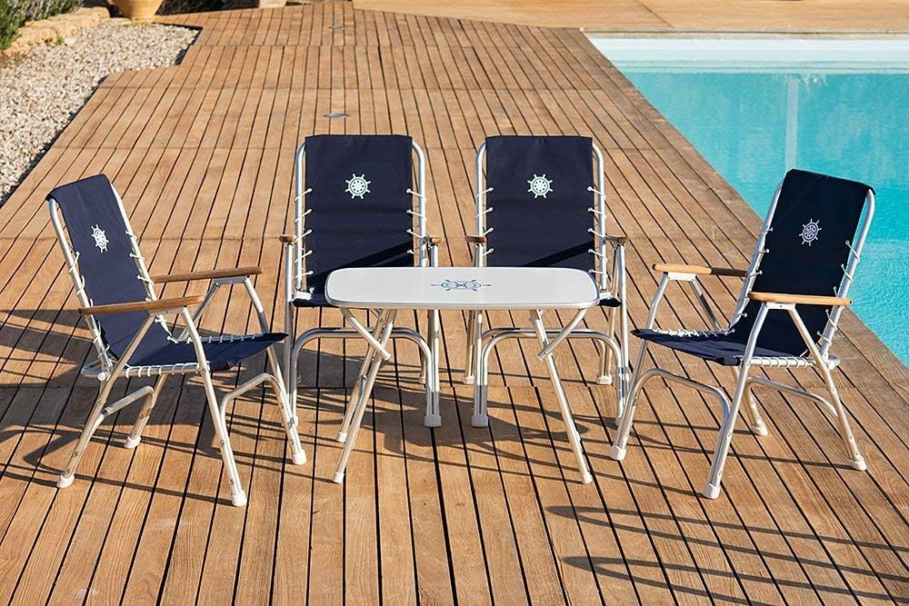 Forma Marine Boat Chairs High Back Blue Deck Folding Marine Aluminum Teak Furniture Set of 2 M150B
