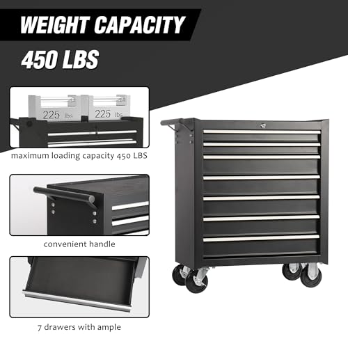 7-Drawer Rolling Tool Chest with Wheels, Heavy Duty Steel Tool Cart for Garage & Workshop, Lockable Storage Cabinet with Brake Casters & Ball Bearing Drawers, Black