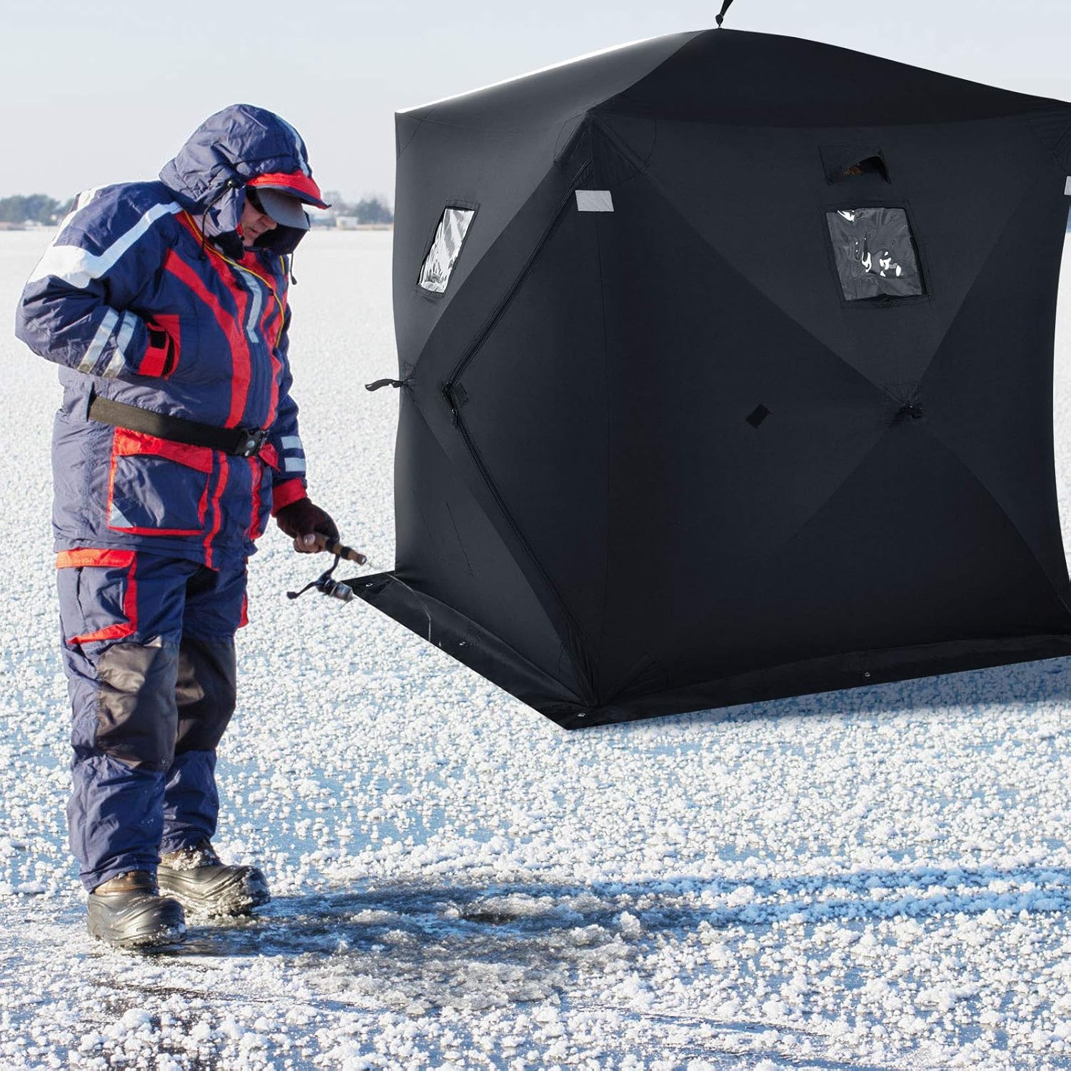 GYMAX Ice Shelter, Pop-up Waterproof Fishing Tent 2-Person Portable Ice Tent with Detachable Windows, Zippered Door & Carry Bag