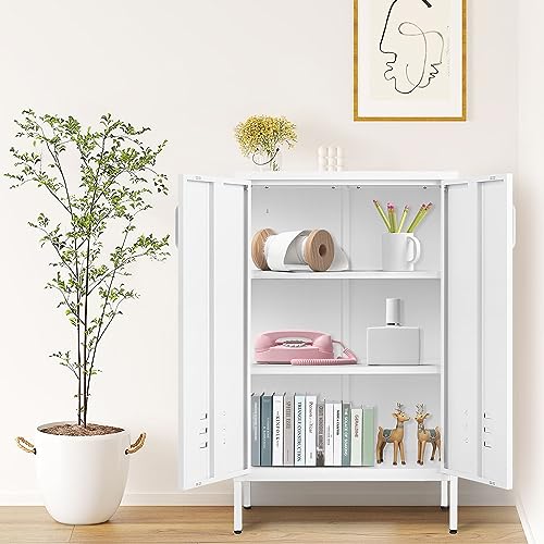 GREATMEET Metal Storage Cabinet Freestanding, Metal Locker Storage Cabinets with 2 Doors, Tall Accent Cabinet with 2 Adjustable Shelves, Metal Cabinet for Kitchen, Office, Livingroom, White