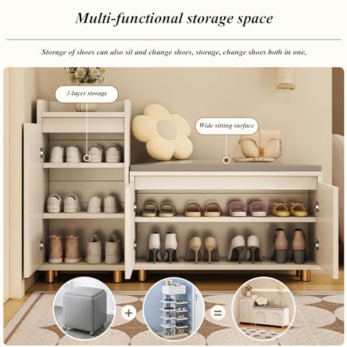 Shoe Bench with Cushion, Storage Bench with Padded Seat, Entryway Bench with Compartments, Shoe Rack for Entryway Living Room Bedroom Hallway, 42x30x72cm