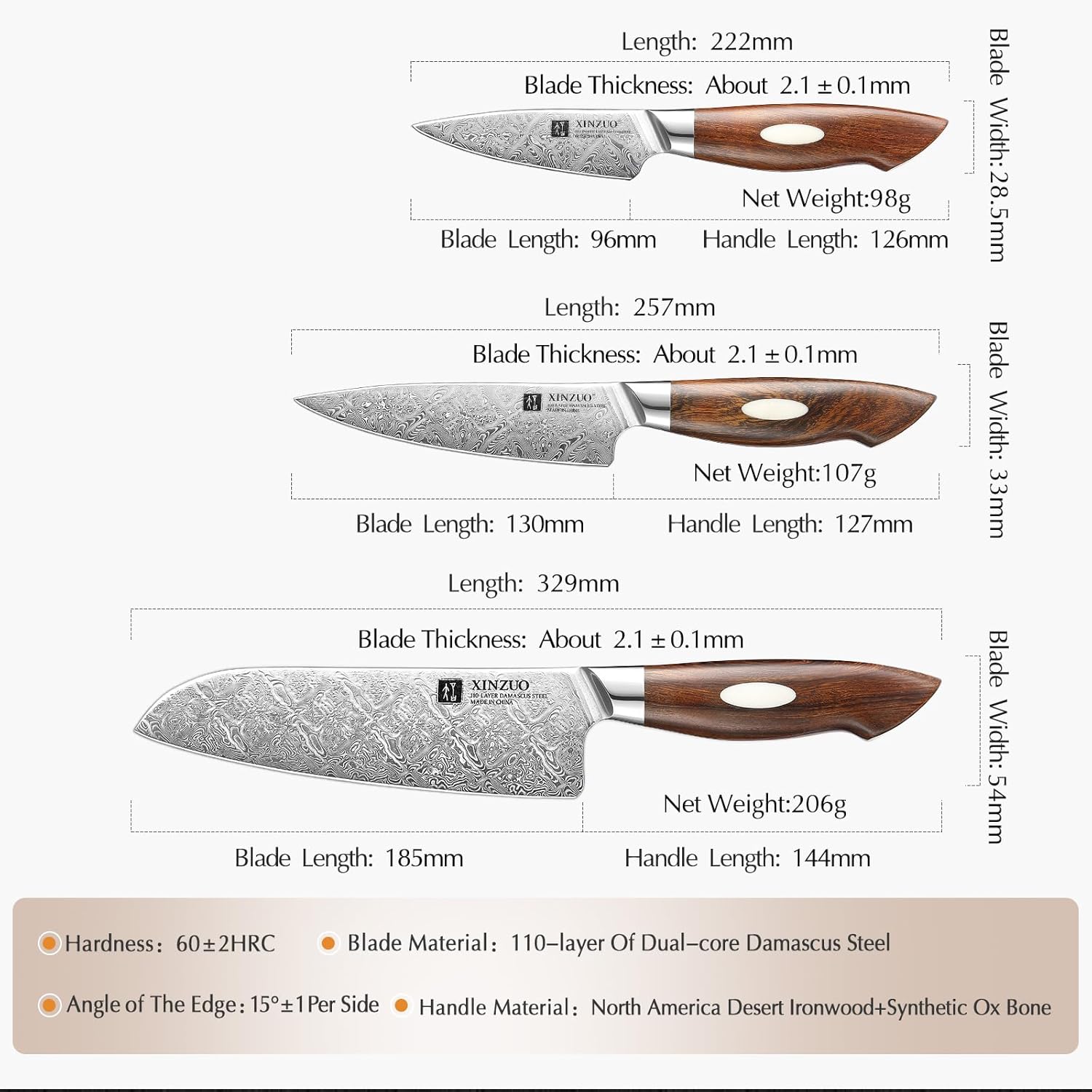 XINZUO 5-Piece Damascus Knife Set, 110 Layers Damascus Steel Professional Chef Knife Set, Razor Sharp for Meat,Vegetable Cutting,North America Desert Iron Wood Handle,Exquisite Box Package