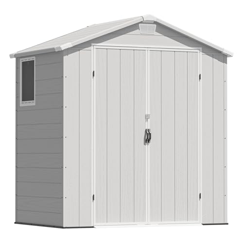 Greesum 6×8FT Plastic Outdoor Storage Shed with Floor, Resin Storaged Sheds with Lockable Double Door, Windows & Vents, All-Weather Tool Sheds for Garden, Backyard, Patio, Light Gray