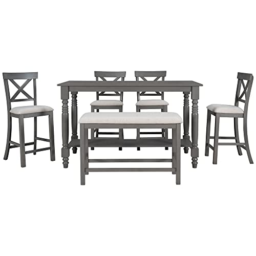 UBGO 6 6,6-Piece Counter Height Set Table with Shelf 4 Chairs and Bench for for Kitchen, Dining Room,Breakfast Corner, Gray-b