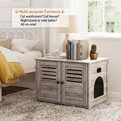 DINZI LVJ Litter Box Enclosure for 2 Cats, Hidden Litter Box Furniture with Double Rooms, Dual Cat Litter House with Louvered Front Doors, 47.2" Hidden Cat Washroom, Wooden Cat Cabinet, Espresso