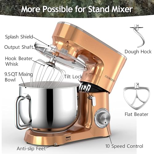COOKLEE Stand Mixer, 9.5 Qt. 660W Electric Kitchen Mixer with Dishwasher-Safe Dough Hooks, Flat Beaters, Wire Whip & Pouring Shield Attachments for Most Home Cooks, Silver