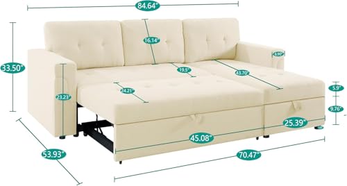 Naomi Home Jenny Sectional Sofa Sleeper with Storage Chaise, Tufted Pull Out Couch with Storage, L-Shaped Reversible Sleeper Sofa with Storage, Black,Air Leather