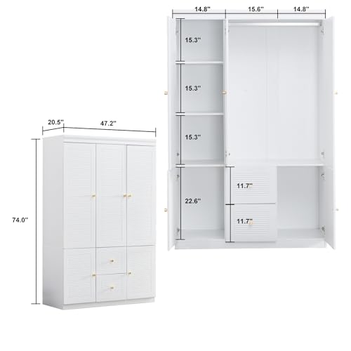 Large Armoire Wardrobe Closet Freestanding 2 Door Drawer Wooden for Bedroom Clothes Organizer Storage Cabinet with Metal Handle Hanging Rod and Shelves White 31.5" L x 19" W x 70.8" H