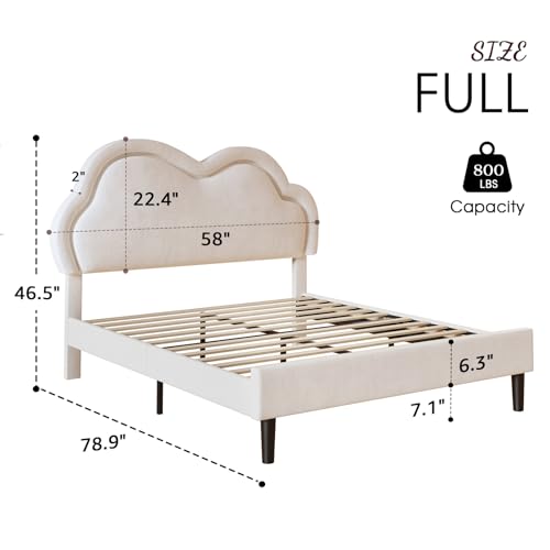 Jocisland LED Bed Frame Queen Size Velvet Upholstered Platform Bed with Adjustable Cloud Headboard, No Box Spring Needed, Easy Assembly, Cream