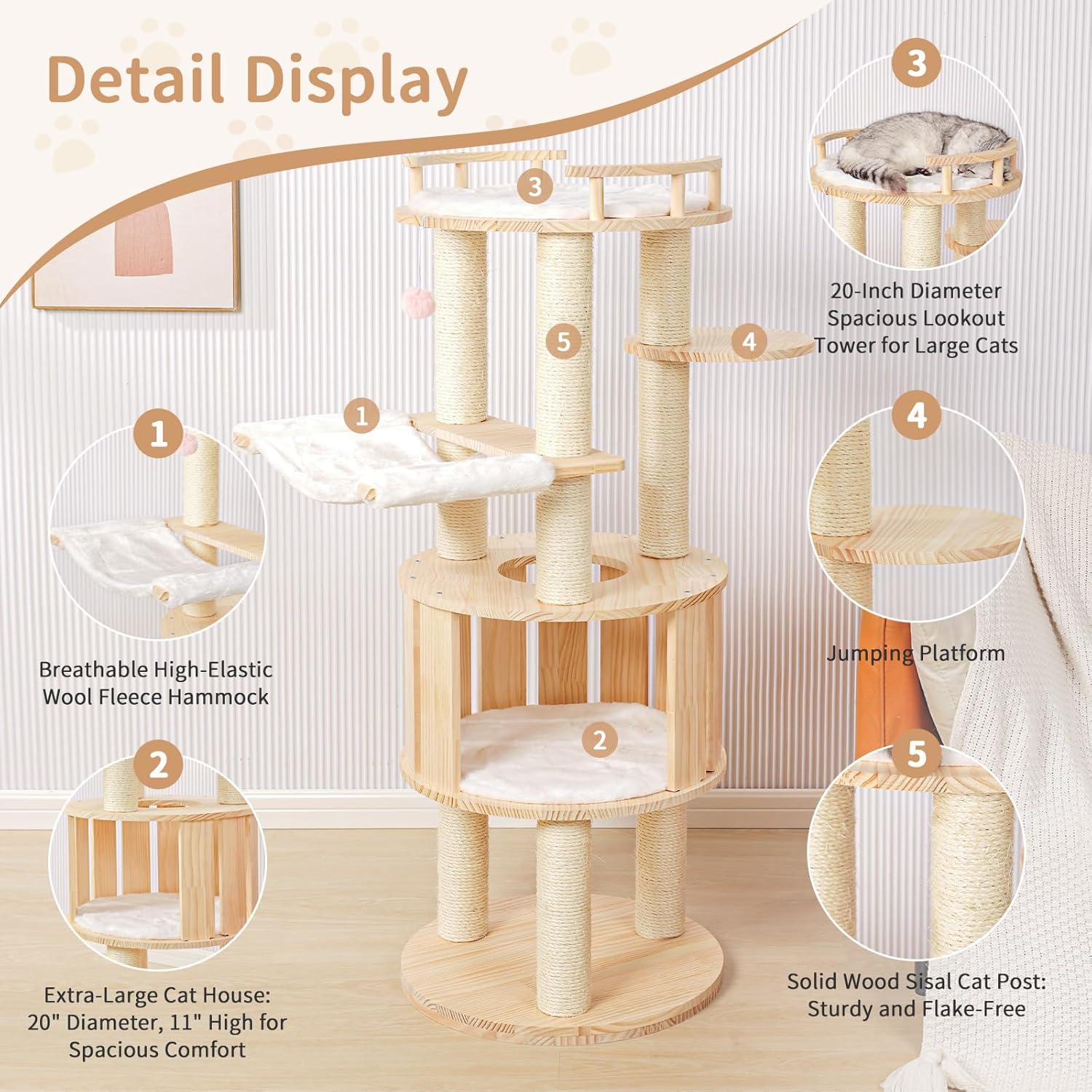 52" Modern Cat Tree Tower for Indoor Cats, Solid Pine Cat Scratching Tree for Multiple Large Cats, Wood Climbing Tower Hammock Post, Unique Design, Easy Clean