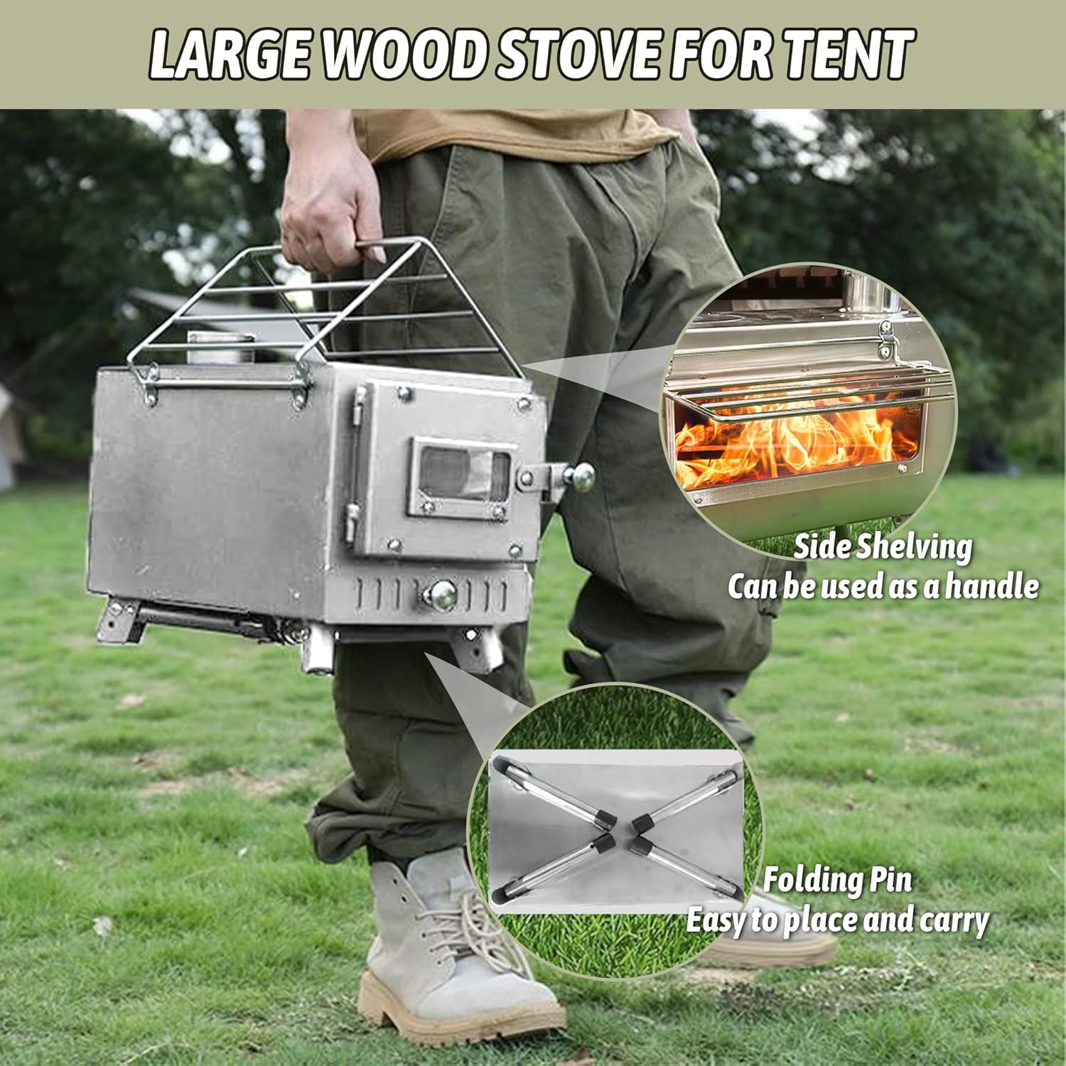 Wood Stove Hot Tent Stove, Camping Wood Stove Stainless Steel Camping Tent Stove, Portable Wood Burning Stove with Chimney Pipes & Gloves for Outdoor Cooking and Heating