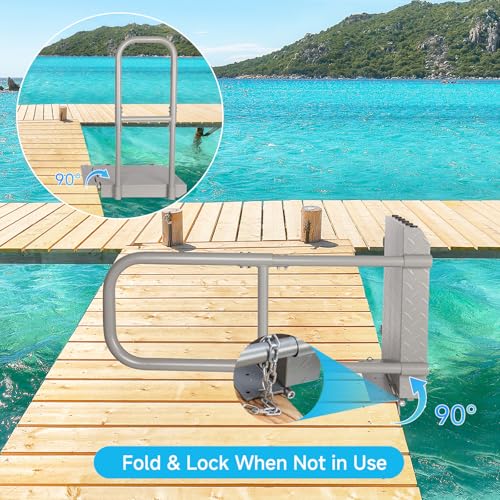 Folding Boat Boarding Platform with Handrail – Anti-Rust Dock Steps for Lake, 500lbs Capacity, Non-Slip Surface, Ground Lock & Bumper Strip – Dock Ramp for Boats, Pontoons, Yachts