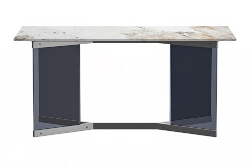 LeisureMod Modern Rectangular Table with Glass/Sintered Stone Top and Stainless Steel Base, 4 to 8 People for Dining Room and Kitchen Oryn Series, 71 Inch, Medium Grey