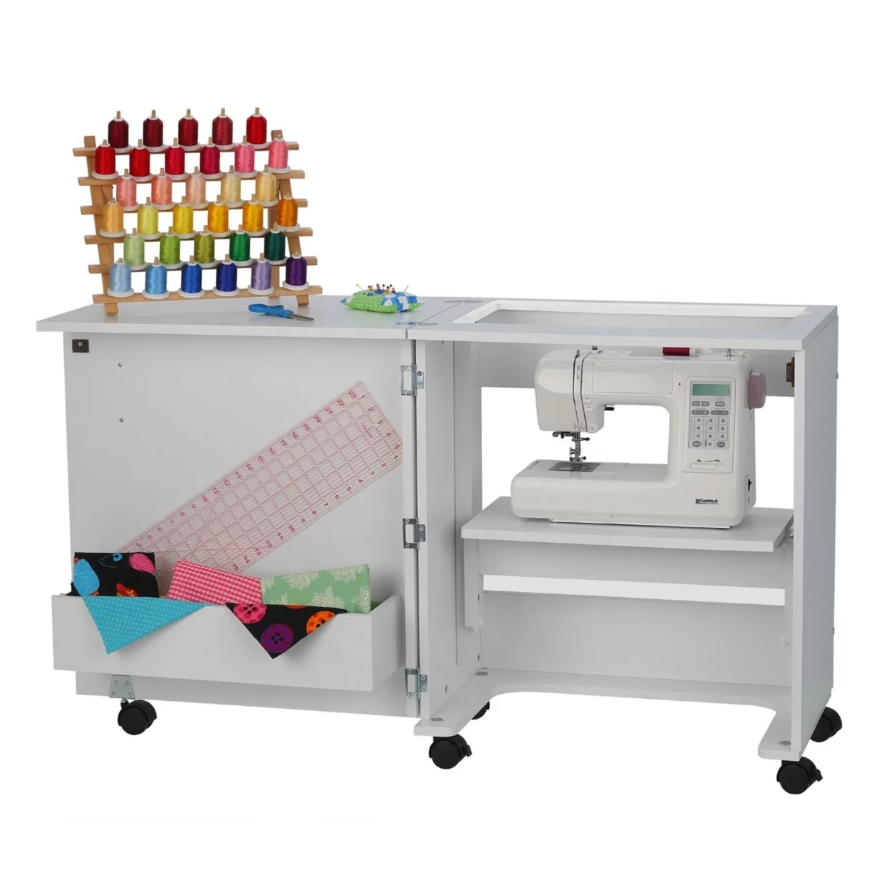 101 Judy Sewing and Craft Table with Storage and Adjustable 3-Position Lift, White