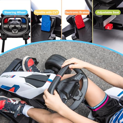 36V Electric Go Kart for Kids, Licensed BMW Battery Powered Drift Racing Go Kart, 7.5 MPH Drift Kart with Dual 300W Powerful Motor, Kids Race Pedal Go Karting Car w/Adjustable Speed, White