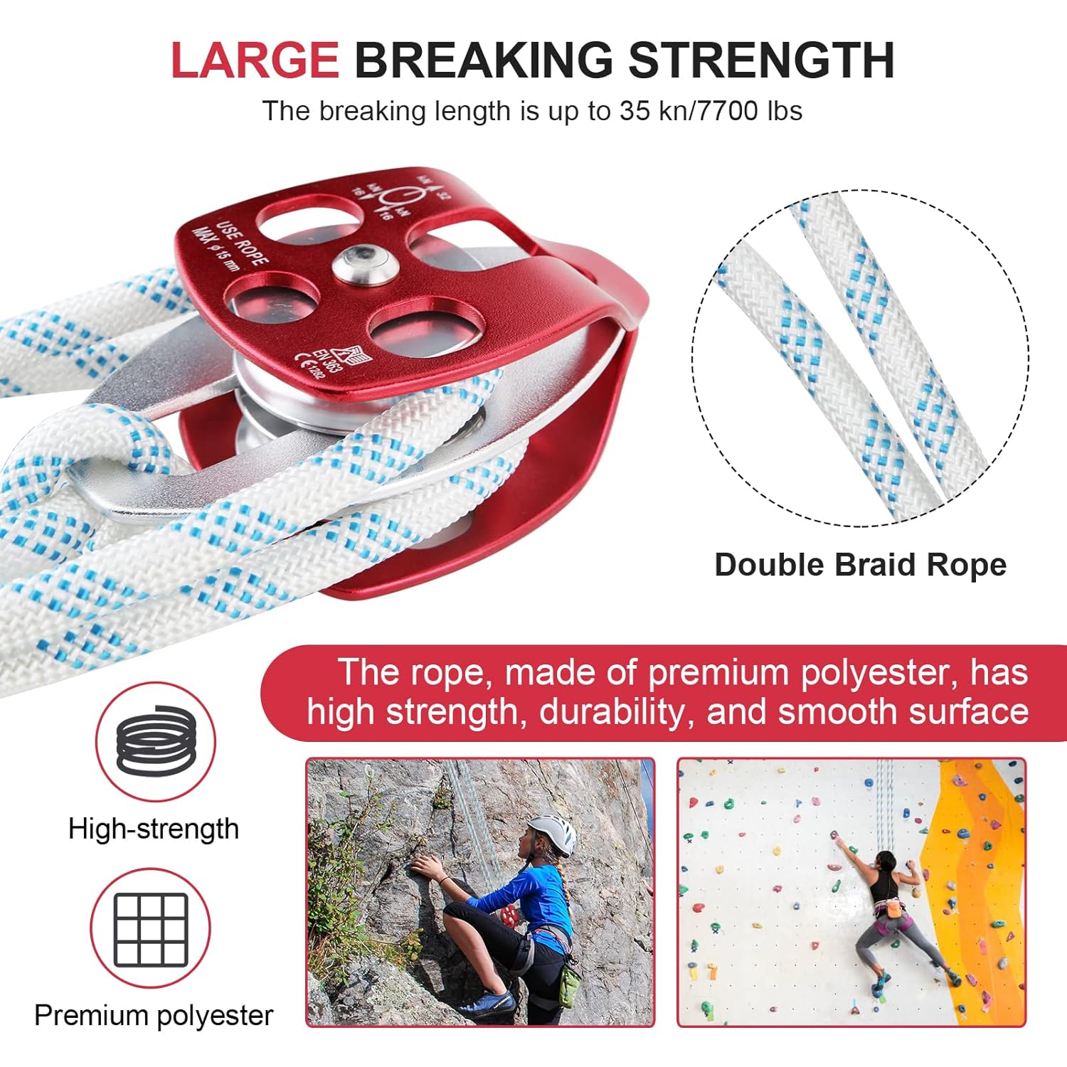 Pulley Block Twin Sheave Block and Tackle 2/5-1/2Inch 150Ft with Braid Rope 30-35KN 6600-7705LBS Capacity Easy Lifting Double Pulley Rigging Rope Great for Construction Work Moving Climbing