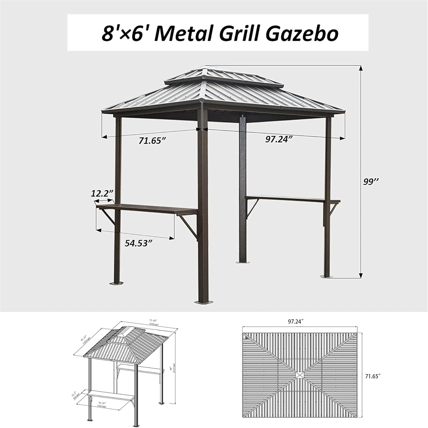 Grill Gazebo 8x6Ft Aluminum BBQ Gazebo Outdoor Metal Frame with Shelves Serving Tables, Permanent Double Roof Hard top Gazebos for Patio Lawn Deck Backyard and Garden(Brown)